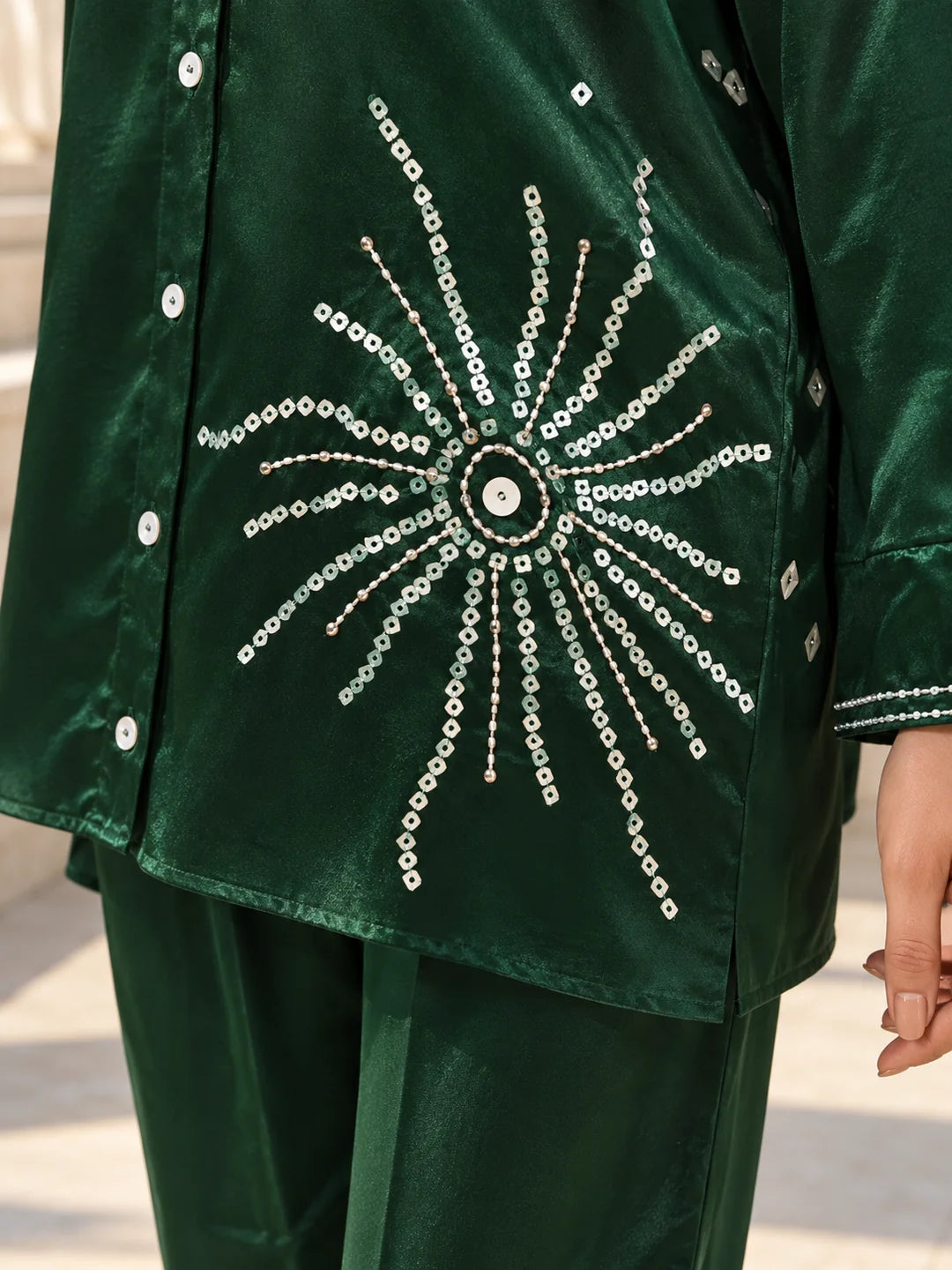 Bottle Green Hand-Tied Pure Bandhani Co-ord Set in Gajji Silk