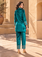 Velvet Scallop Embroidered Co-ord Set in Teal Blue