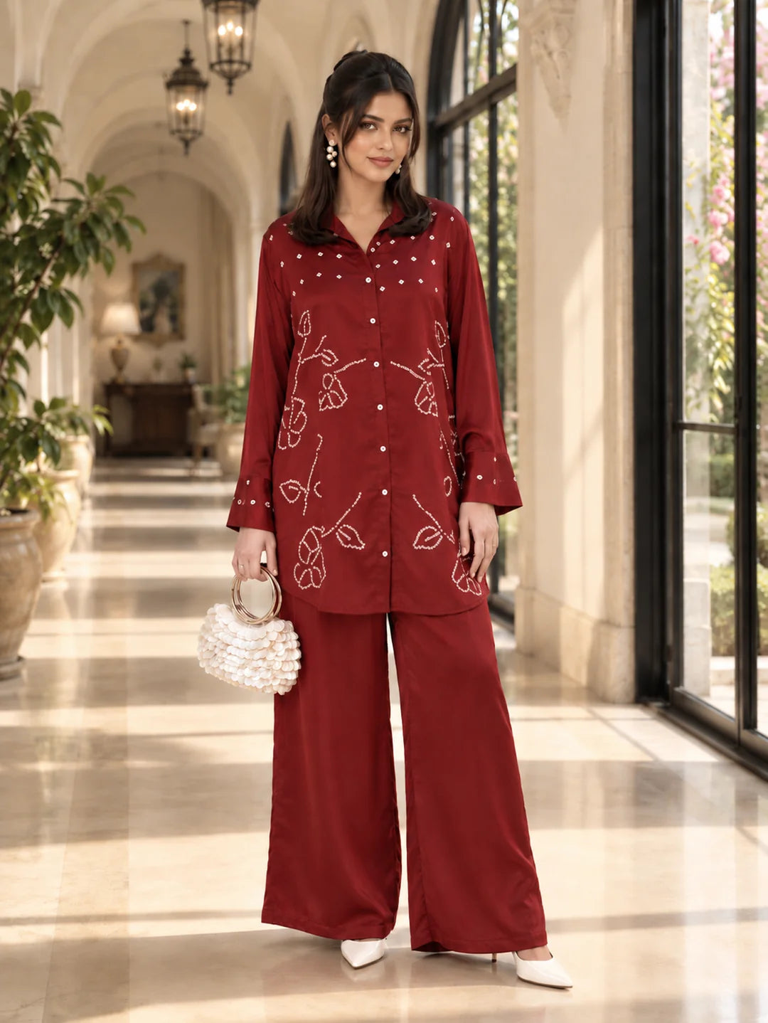 Maroon Hand-Tied Pure Bandhani Co-ord Set in Gajji Silk