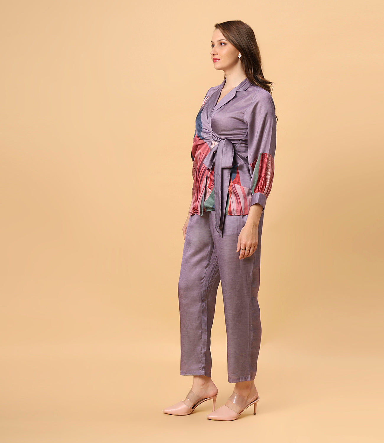 Pink and Lavender Abstract Print Satin Co-Ord Set