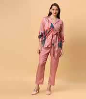 Pink and Lavender Abstract Print Satin Co-Ord Set