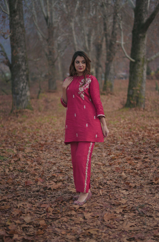 Karvi Red Embroidered Raw Silk Co-Ord Set