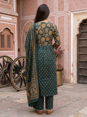 Emerald Green Printed Kurta Set & Dupatta in Cotton