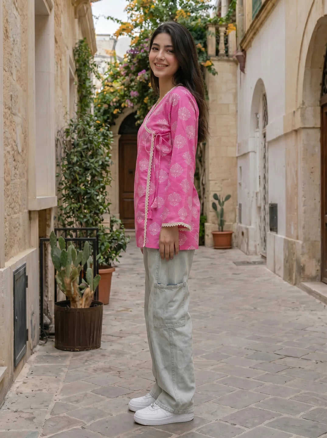 Hot Pink Angrakha Cotton Short Kurti