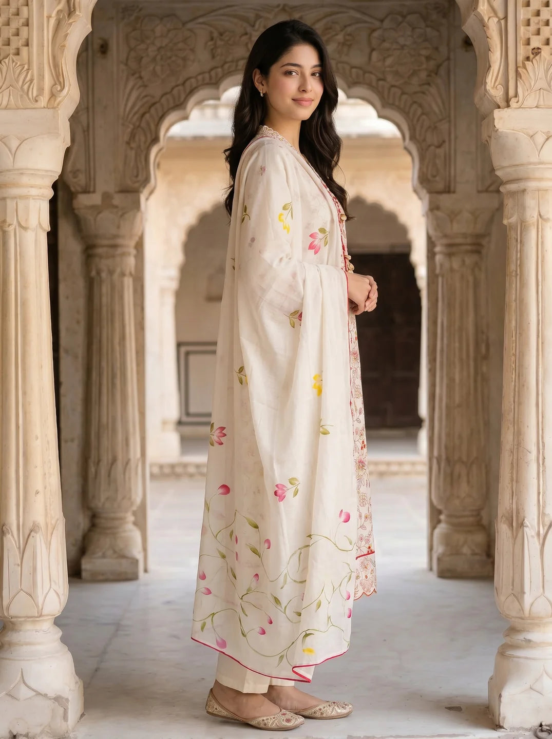 White Embroidered Kurta Set with Dupatta in Cotton