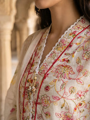 White Embroidered Kurta Set with Dupatta in Cotton