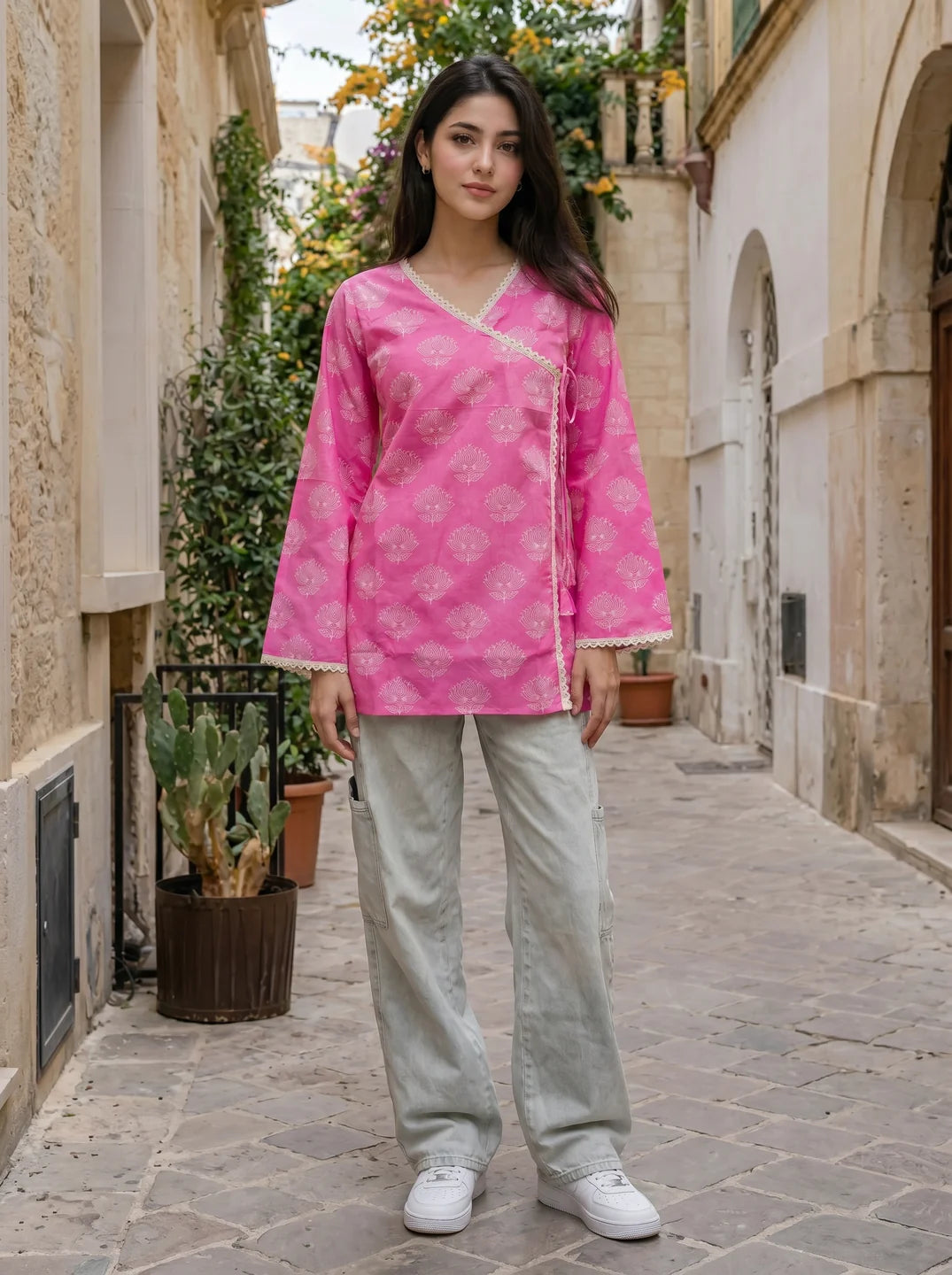 Hot Pink Angrakha Cotton Short Kurti