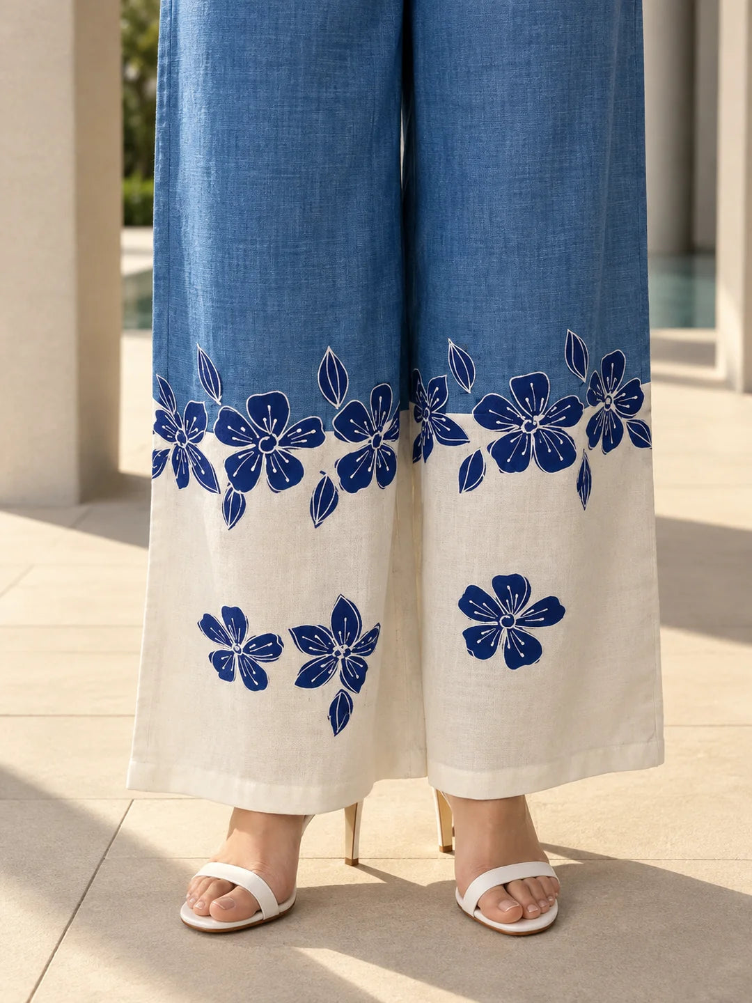 Denim Blue & White Floral Contrast Shirt Co-ord Set in Cotton Linen