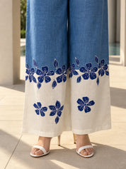 Denim Blue & White Floral Contrast Shirt Co-ord Set in Cotton Linen