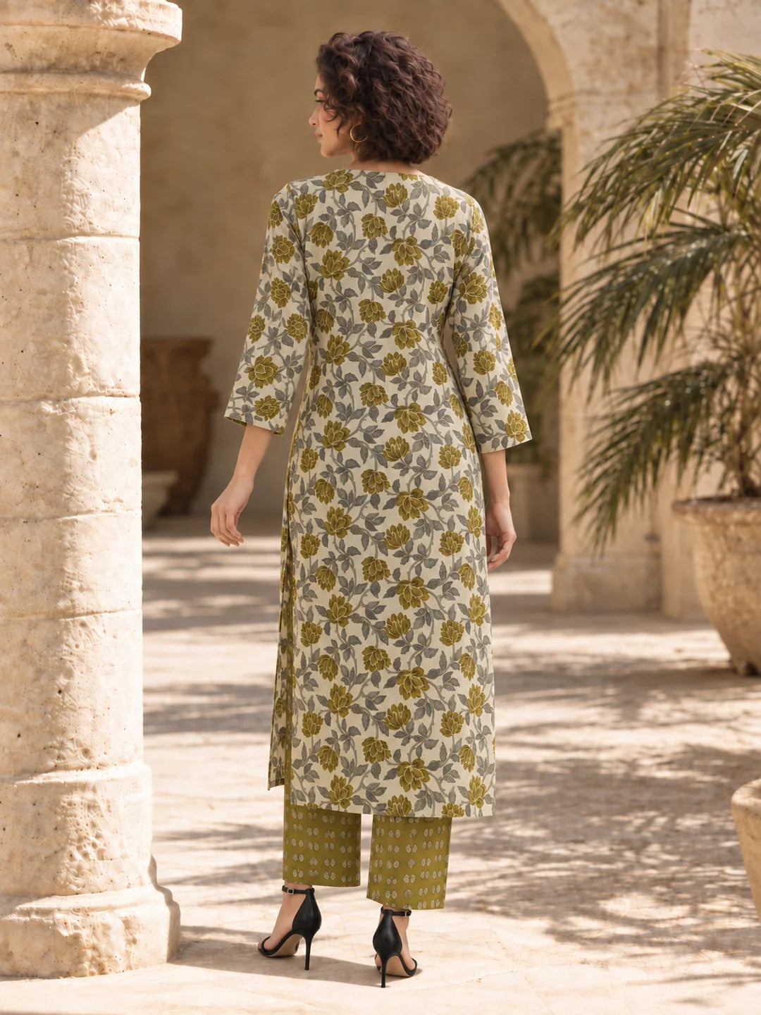 Olive Green and Grey Floral Print Kurta Set in Cotton