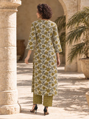 Olive Green and Grey Floral Print Kurta Set in Cotton