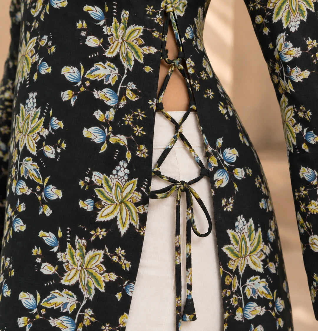 Dark Green Criss-Cross Tie Big Floral Short Kurti in Cotton