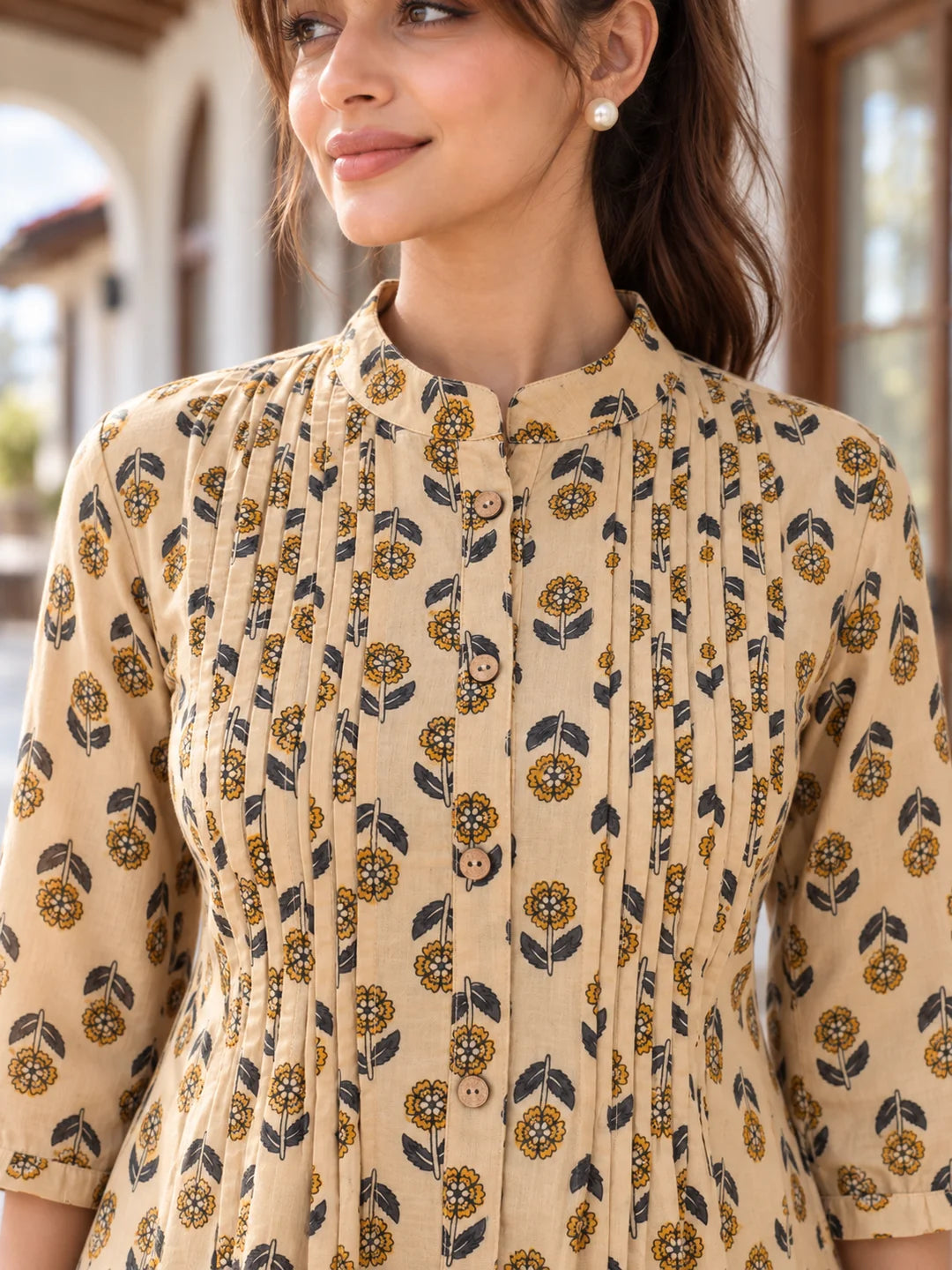 Beige Pintuck Floral Buti Tunic in Cotton