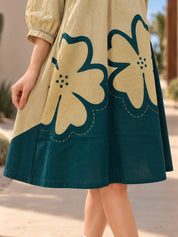 Green and Beige Floral Panel Dress in Cotton Flex