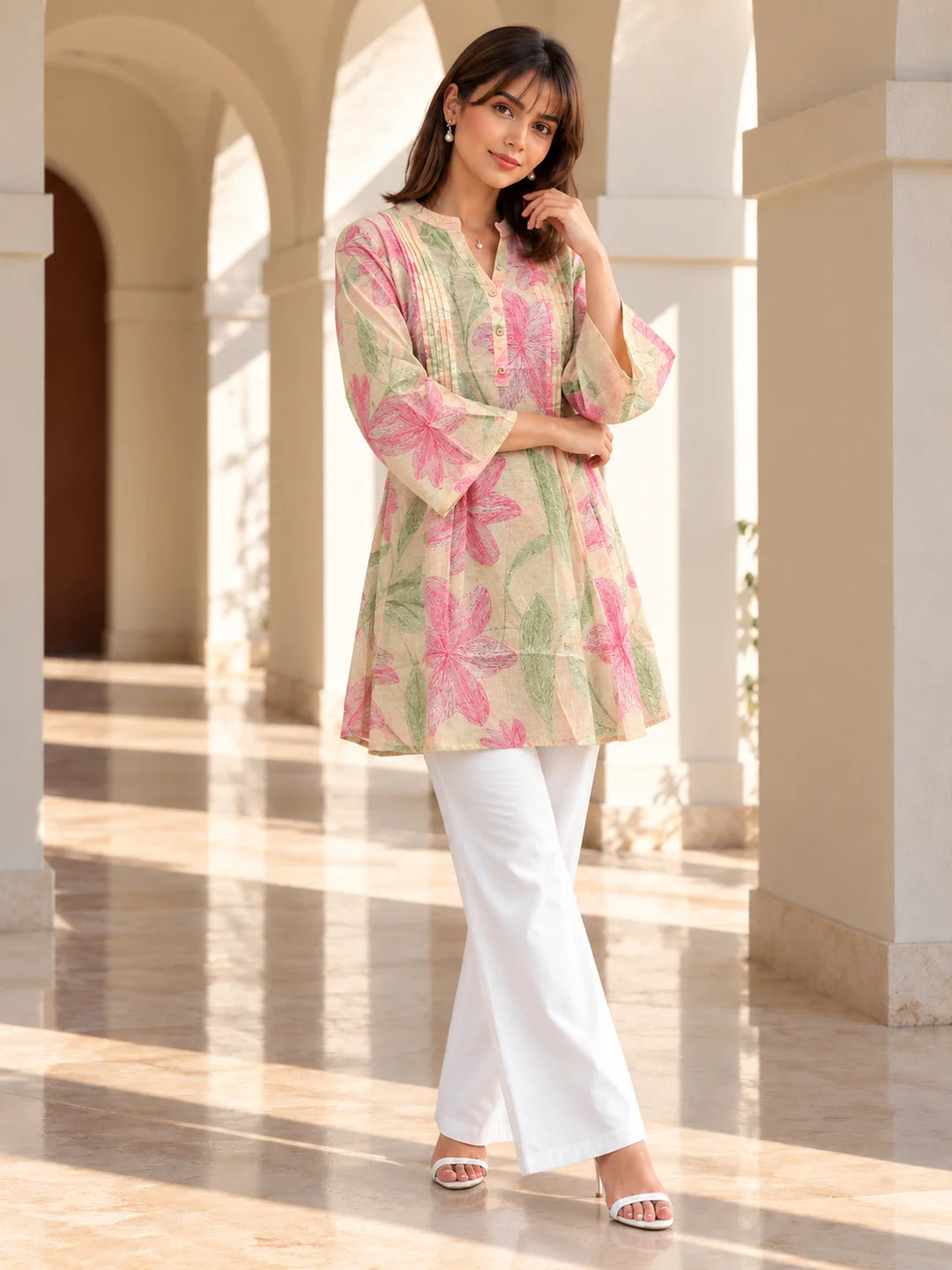 Pink Stroked Floral Pintuck Short Kurti in Cotton