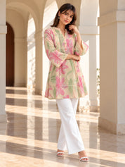 Pink Stroked Floral Pintuck Short Kurti in Cotton