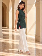 Olive Sleeveless Drawstring Detail Short Kurti in Viscose Flex