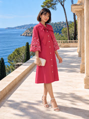Pink Wide Bow-Tie Floral Cutwork A-Line Dress in Cotton Poplin