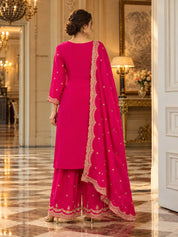 Magenta Gold Embroidered Kurta Set with Dupatta in Crepe