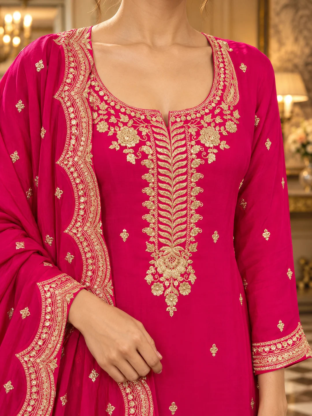 Magenta Gold Embroidered Kurta Set with Dupatta in Crepe