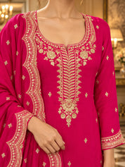 Magenta Gold Embroidered Kurta Set with Dupatta in Crepe