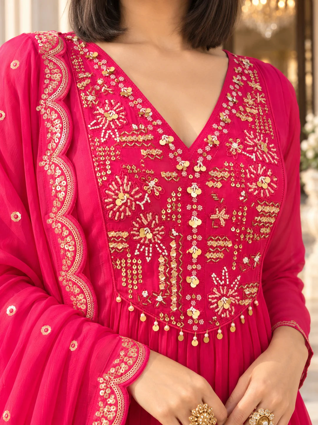Magenta Pink Sequin Embroidered Yoke Kurta Set with Dupatta in Crepe