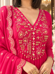 Magenta Pink Sequin Embroidered Yoke Kurta Set with Dupatta in Crepe