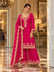 Magenta Gold Embroidered Kurta Set with Dupatta in Crepe