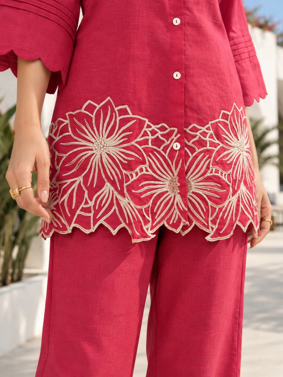 Pink Floral Embroidered Co-ord Set in Handloom