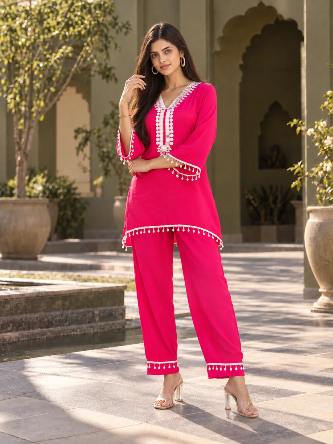Rani Pink Mirror Embroidered Co-ord Set in Crepe