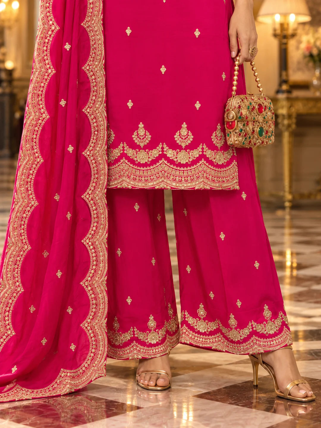 Magenta Gold Embroidered Kurta Set with Dupatta in Crepe
