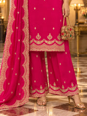 Magenta Gold Embroidered Kurta Set with Dupatta in Crepe