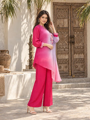 Magenta Pink & Purple Embroidered Chinon Co-Ord Set