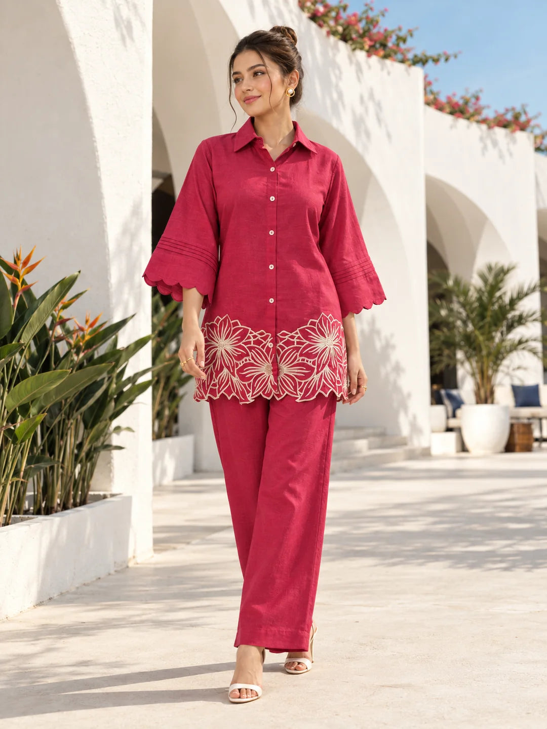 Pink Floral Embroidered Co-ord Set in Handloom
