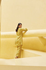 Kaftanize Kiaa-Yellow Embroidered Thread Work Juliet Sleeve Viscose Tunic With Flared Pant