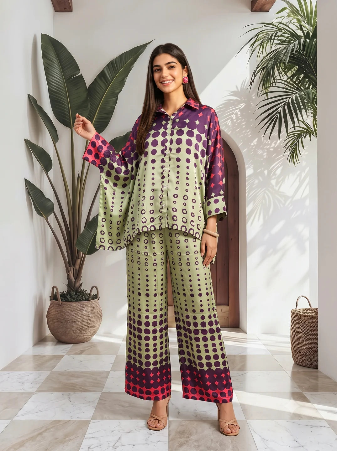 Sage Green Printed 2-Piece Co-ord Set in Muslin