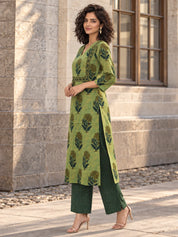 Green Floral Buta Print Kurta Set in Cotton