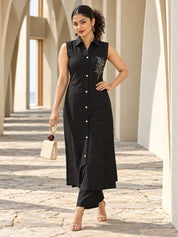 Black Sleeveless Sequin Detail Kurta Set in Vatican Fabric