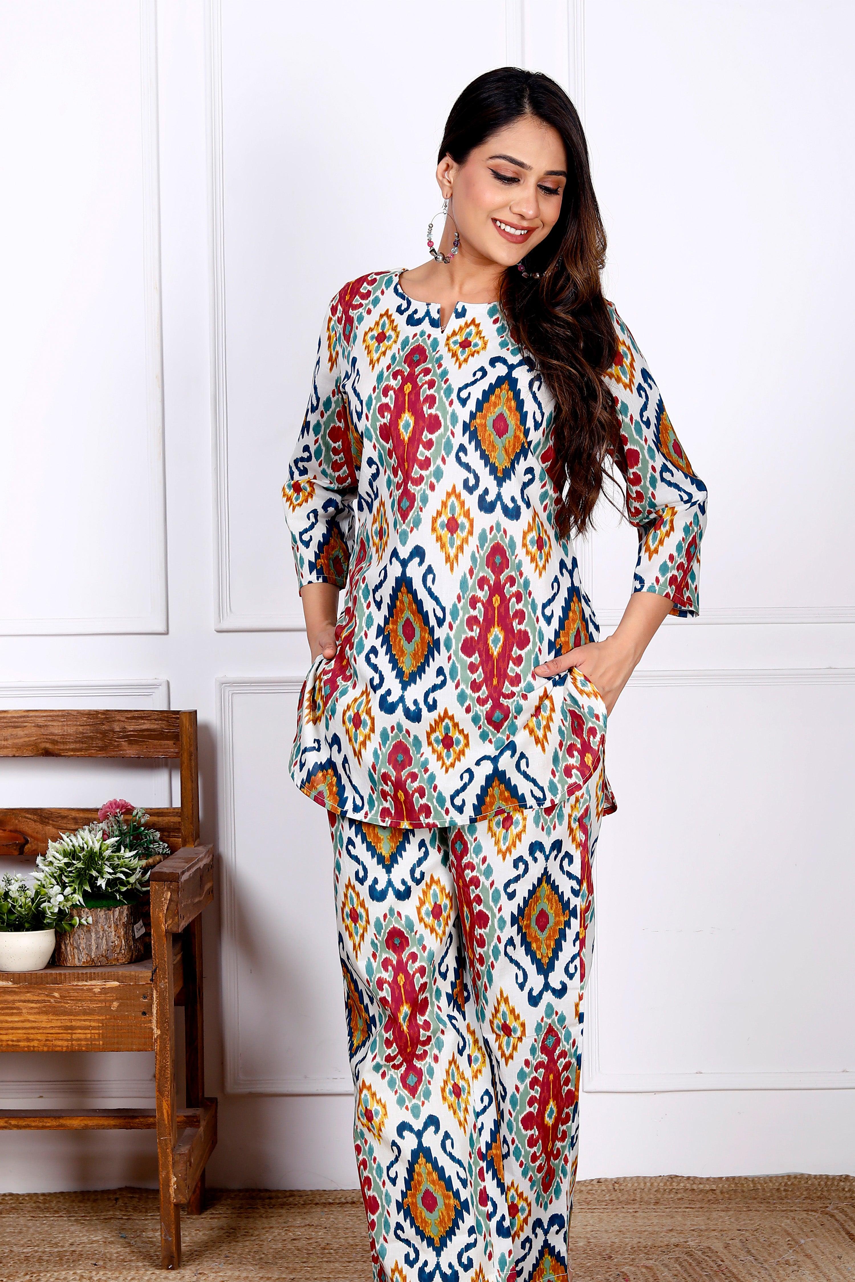 Bold iIkat Print Cotton  Kurta With Pant