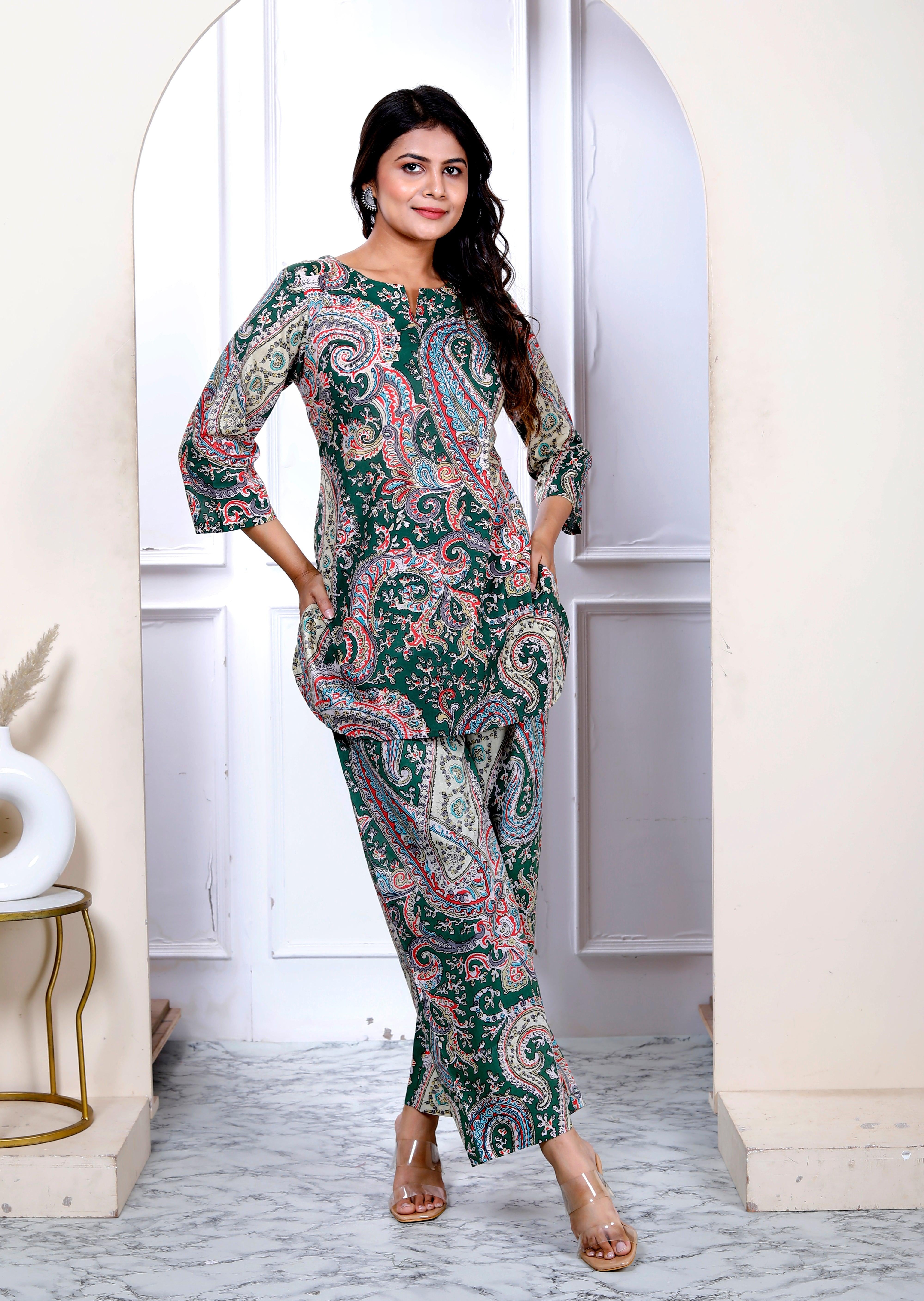 Multi Color Cotton Paisley Printed Kurta With Pant