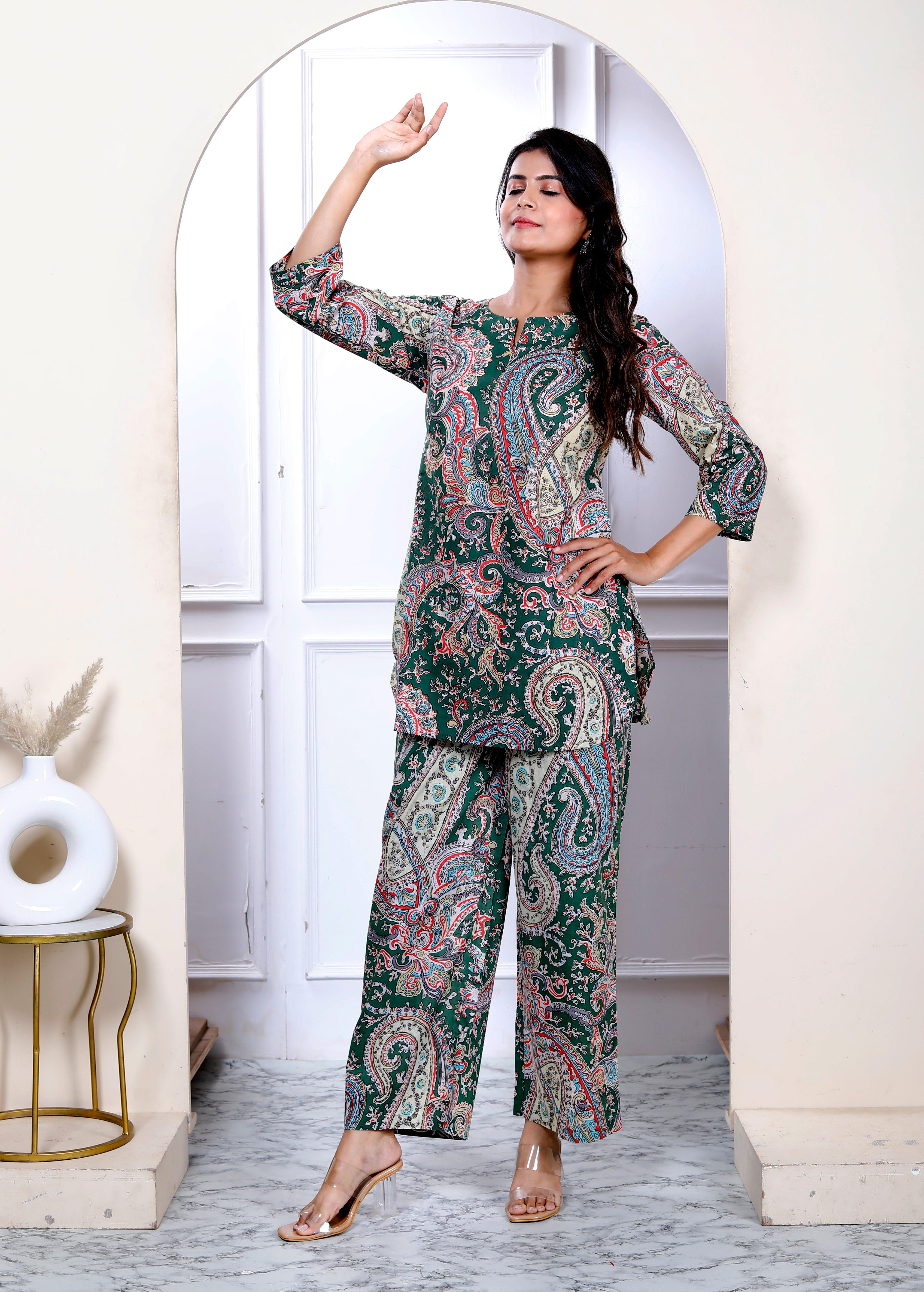 Multi Color Cotton Paisley Printed Kurta With Pant