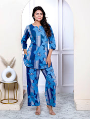 Navy Blue Cotton Cambric Floral Print Kurta With Pant