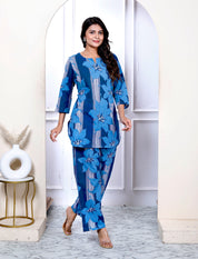 Navy Blue Cotton Cambric Floral Print Kurta With Pant