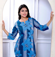 Navy Blue Cotton Cambric Floral Print Kurta With Pant