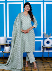 Sage Green Diamond Shape Block Printed Ethnic Set With Dupatta Set