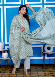 Sage Green Diamond Shape Block Printed Ethnic Set With Dupatta Set