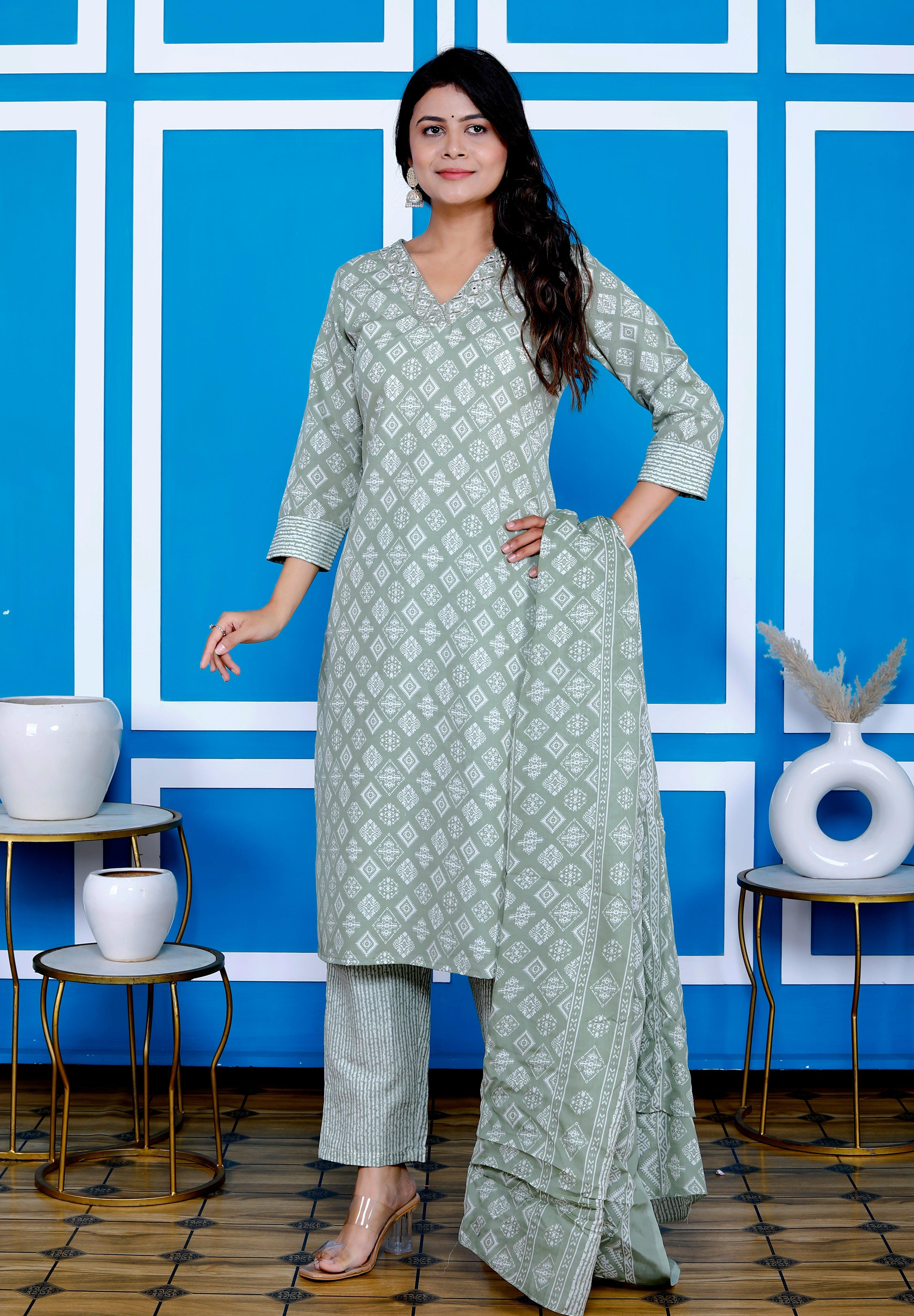 Sage Green Diamond Shape Block Printed Ethnic Set With Dupatta Set