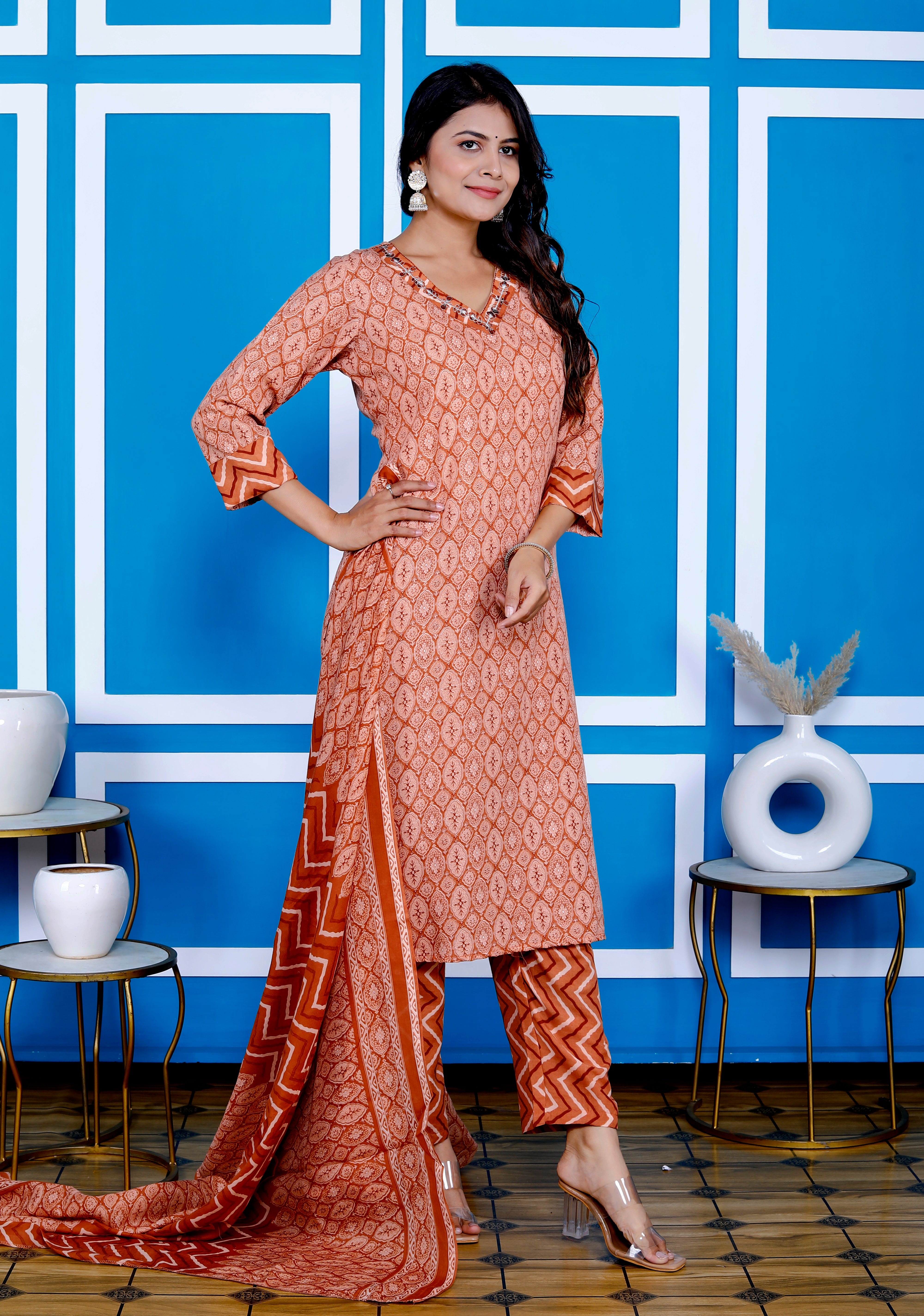 Rust Botanical Print Embroidered V Neck Ethnic Set With Dupatta