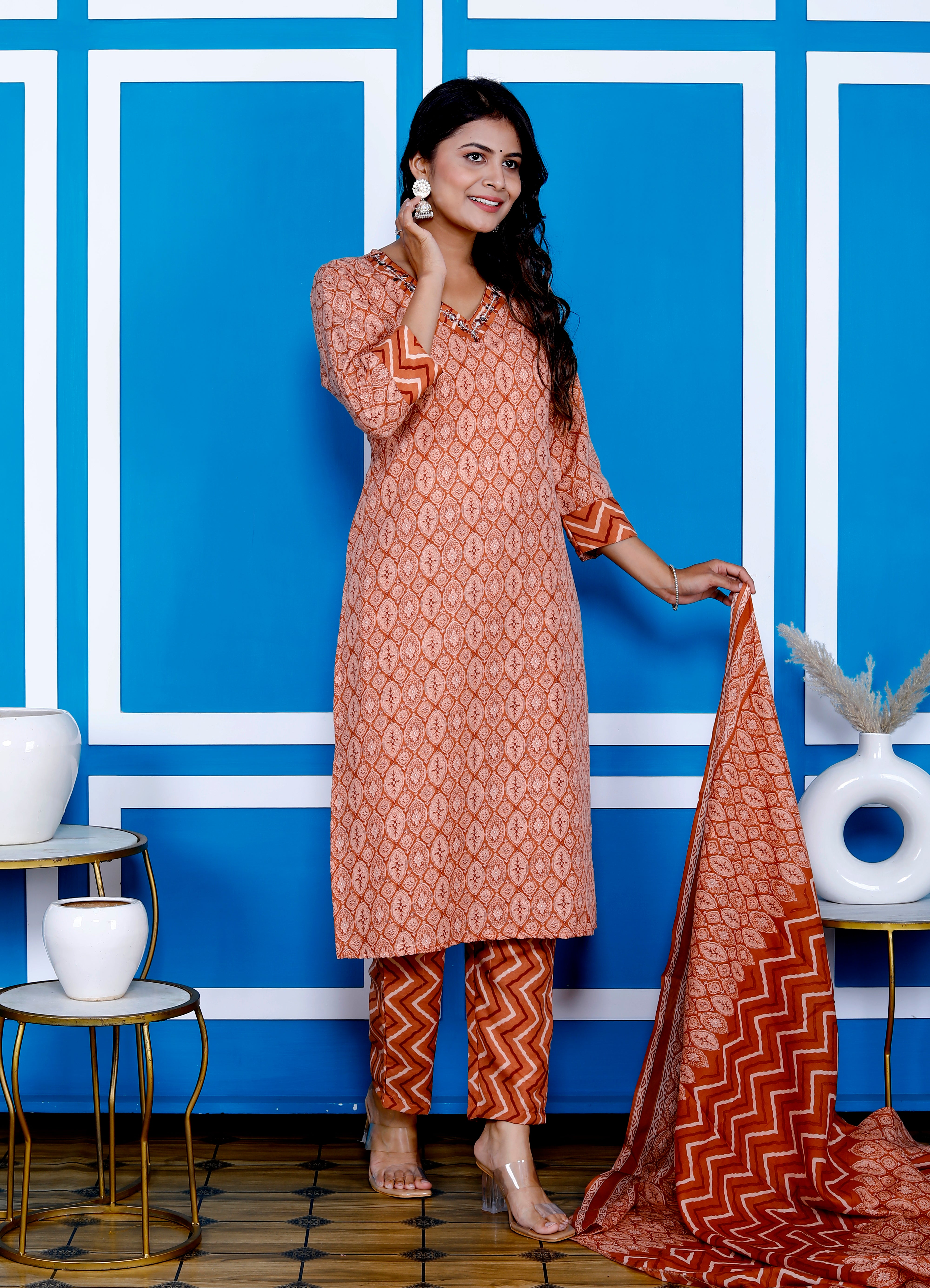 Rust Botanical Print Embroidered V Neck Ethnic Set With Dupatta