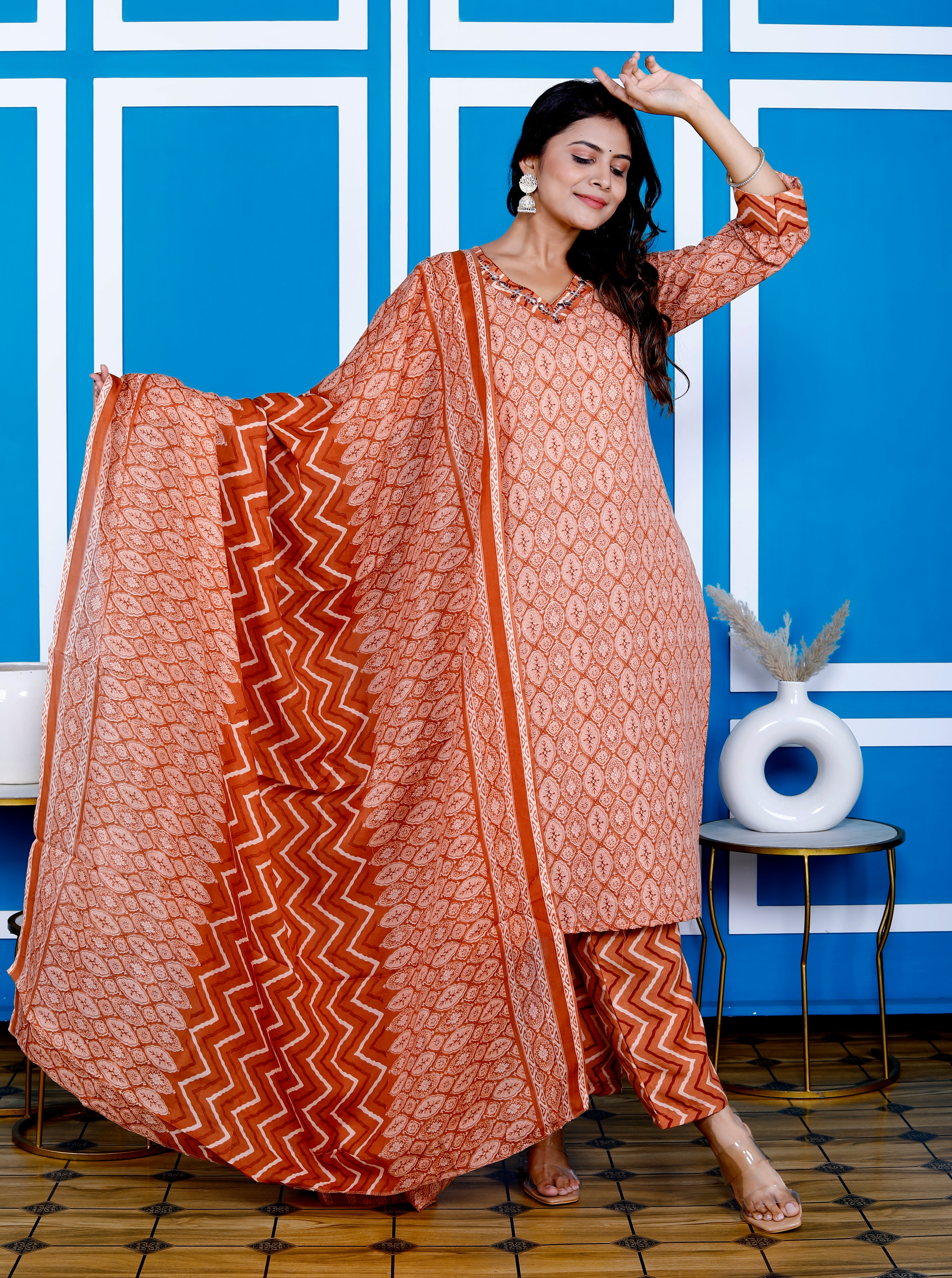 Rust Botanical Print Embroidered V Neck Ethnic Set With Dupatta